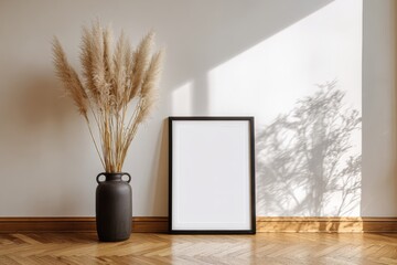 Elegant black frame mockup on the wooden floor beside a modern vase with dried grasses, creating a stylish interior decor display in a bright room