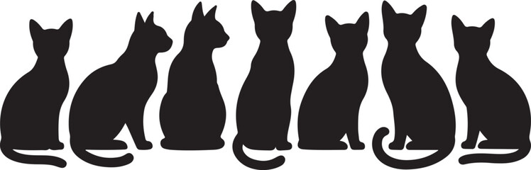 Silhouettes of seven cats in various poses felines black