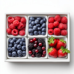 Assorted fresh berries in white tray: raspberries, blueberries, strawberries, blackberries