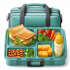 Healthy lunchbox with sandwich, vegetables, nuts, and juice in turquoise container