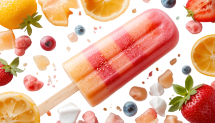 Refreshing fruit popsicle with vibrant oranges, lemons, strawberries, and blueberries scattered against a stark transparent background.