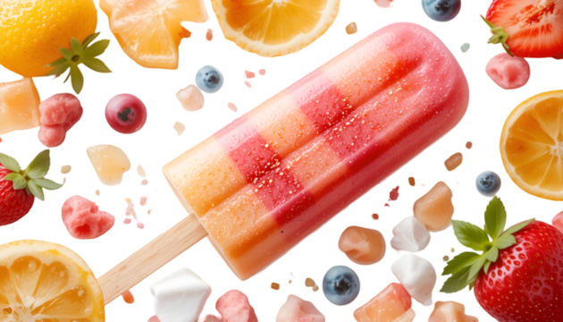Refreshing fruit popsicle with vibrant oranges, lemons, strawberries, and blueberries scattered against a stark transparent background.