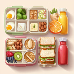 Colorful bento boxes with healthy snacks and juices