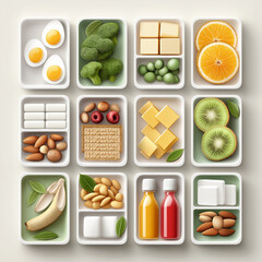 Assortment of healthy snacks in boxes: eggs, broccoli, oranges, nuts, and juices