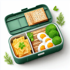 Healthy lunchbox with cheese, crackers, eggs, and broccoli for balanced diet