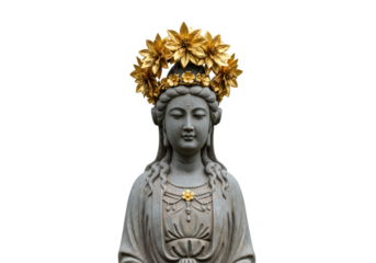 Isolated Serene Asian Statue with Golden Floral Crown