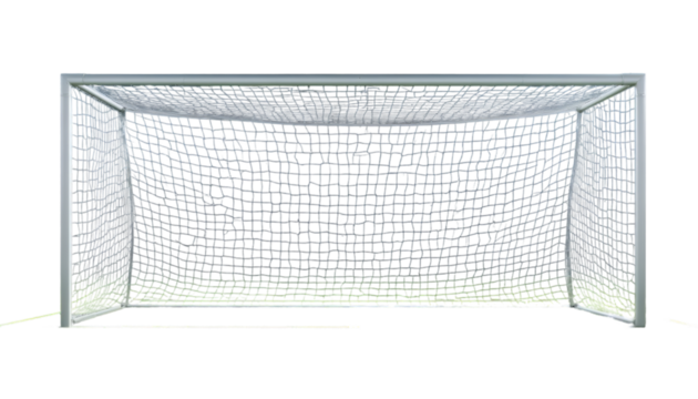 Focused shot showcases a soccer goal with a net on a black backdrop, perfect for sport themes and creative graphic designs, transparent background