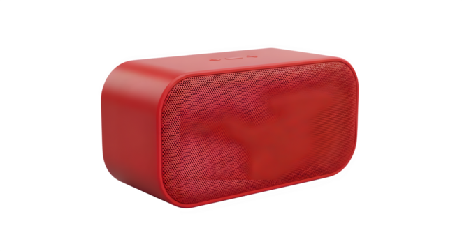 A striking view of a portable red speaker featuring a modern, minimalist design ideal for music lovers and tech enthusiasts, set against a clean transparent background showcasing its sleek shape. - Powered by Adobe