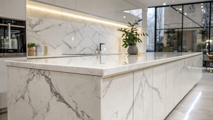 Modern Luxury Kitchen Island: Calacatta Marble, Gold Accents, Bright Interior Design