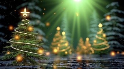 Radiant christmas glow. Shiny decorative tree on winter background with snowy pine. Merry and bright. Christmas tree background with gold blurred light