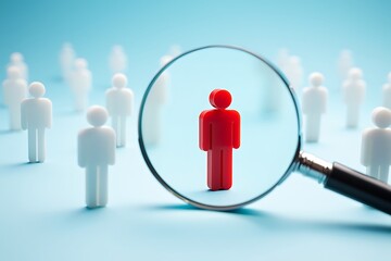 Magnifying glass focusing on a unique red person among many white figures highlighting individuality and selection process in talent acquisition and human resources strategy