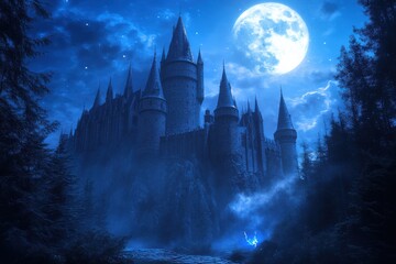 A majestic castle under a bright full moon surrounded by dark trees and a mystical atmosphere