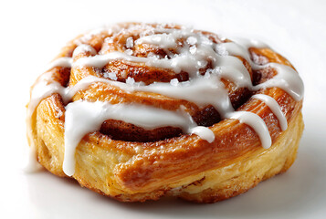 A delicious cinnamon roll with icing isolated on white background