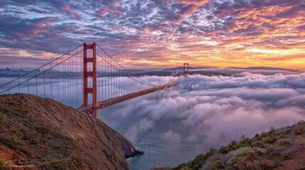 Sunset view of the Golden Gate Bridge and fog from Battery Spencer, Golden Gate National Recreation Area, in San Francisco, California., no logos, no brands