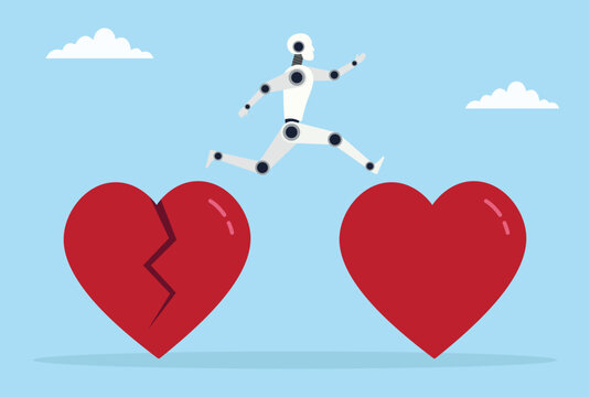 Vector illustration of a robot jumping from a broken love sign to a whole love sign, representing AI’s role in repairing, healing, and renewing emotional bonds and connections
