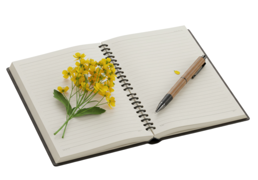 Isolated Open Notebook with Yellow Flowers and Wooden Pen - Powered by Adobe
