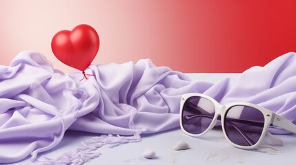Elegant Valentine Celebration Backdrop Featuring Lavender Scarf, Heart Balloon, and White Sunglasses