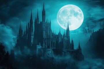Fototapeta premium A mysterious castle shrouded in mist under a bright full moon at night