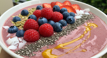 Colorful acai bowl filled with strawberries, raspberries, and blueberries, drizzled with honey and served fresh