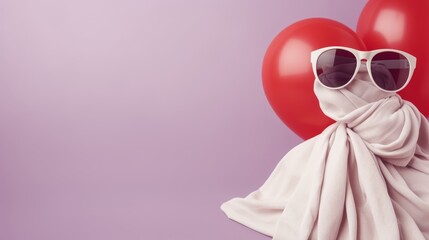 Whimsical Still Life Featuring a White Scarf Tied to Colorful Red Balloons with Sunglasses