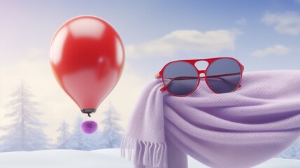 Magical Winter Wonderland Red Balloon with Purple Gift Floating Over Snowy Landscape and Scarf