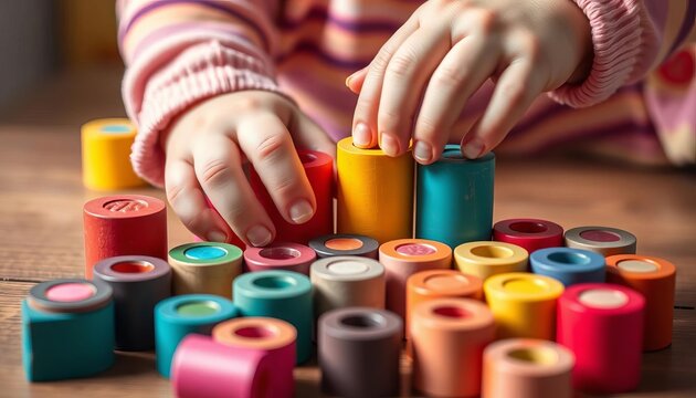 Tiny hands manipulate colorful Montessori cylinder blocks, sorting, focus