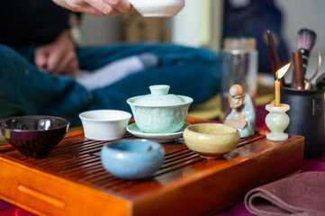 Tea ceremony at home. Tea drinking tradition. Buddhism
