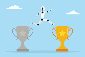 Vector illustration of a robot jumping from a dull trophy to a bright one, depicting AI’s evolution from modest beginnings to celebrated achievements and outstanding success
