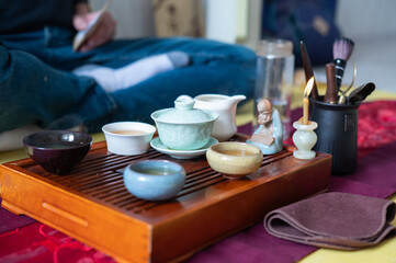 Tea ceremony at home. Tea drinking tradition. Buddhism
