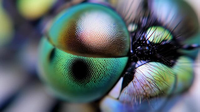 Closeup of a Vibrant Green and Blue Dragonfly Eye with Detailed Texture and Colorful Wings