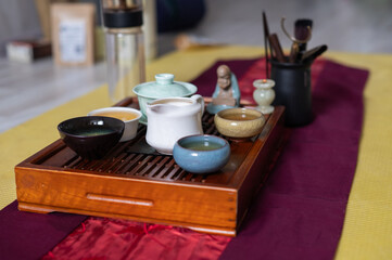 Tea ceremony at home. Tea drinking tradition. Buddhism