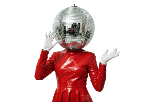 Isolated Disco Ball Head Figure in Red Dress and White Gloves
