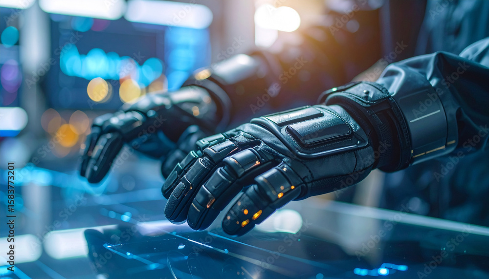 Poster future tech interaction: a skilled technician wearing advanced protective gloves interacts seamlessl
