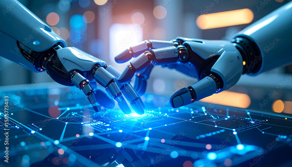 Aufkleber human-robot interaction: two robotic arms interacting in a futuristic, high-tech environment, symbol
