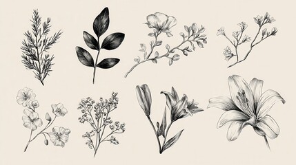 Set botanical hand drawn vector element. Collection of foliage, leaf branch, floral, flowers, roses, lily in line art. Minimal style blossom illustration design for logo, wedding, invitation, decor.,