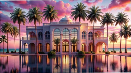 Tropical palm trees silhouette against the sunset sky, overlooking a vibrant city beach resort with modern architecture