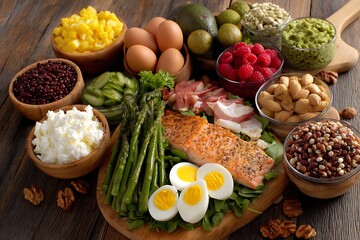 A balanced DASH diet plan displayed, with a variety of foods designed to stop hypertension, offering colorful and heart-healthy meal options.