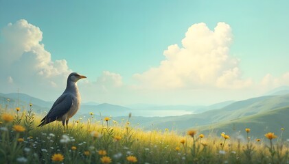 Bird perched in grassy field looks out at mountain view. Scenic landscape photography suitable for nature blogs, travel websites.