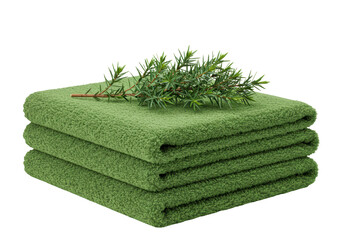 Isolated Stack of Green Towels with Juniper Branch