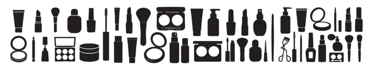 Obraz premium Set of Black silhouette of assorted women s cosmetics and beauty products, isolated on white background, graphic illustration. concept of makeup, skincare, beauty tools, icon, logo, design element