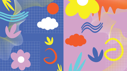 Fun colorful seamless pattern collection. Creative abstract style art background for children. Trendy texture design with basic shapes. Simple childish doodle wallpaper print set.