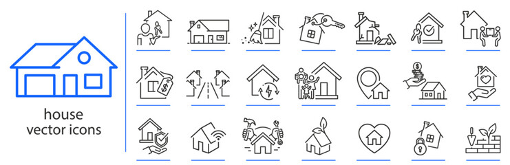 country house icons, icon set of private home, housewarming, location, suburb, moving, simple symbols, buying or renting a home, linear vector illustration, outline editable stroke