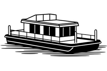 Obraz premium Clean Line Drawing Pontoon Silhouette Boat Minimal Vector Artwork