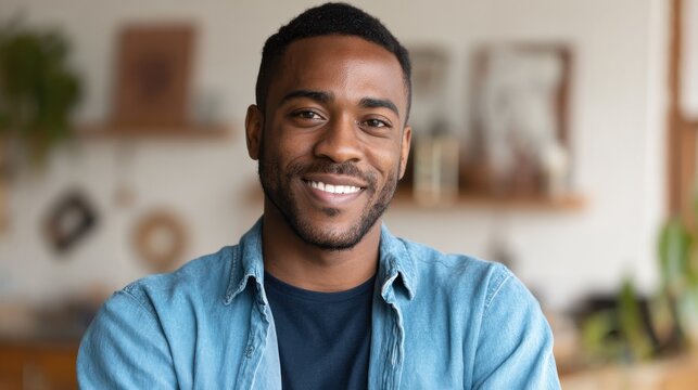 Smiling cheerful young adult african american ethnicity man looking at camera standing at home office background. Happy confident black guy posing for headshot face front close up portrait., no logos