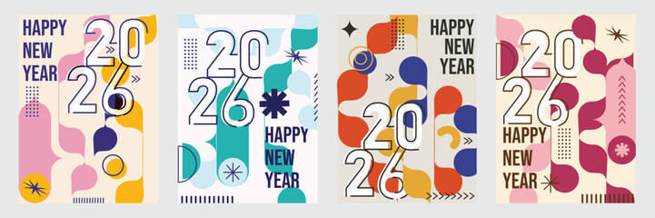 Modern 2026 New Year Poster Set Abstract Geometric Holiday Greeting Card Templates Collection of 2026 Happy New Year card, cover, poster. Vector illustration