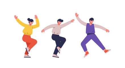 Three young people dancing joyfully in colorful outfits on white background  