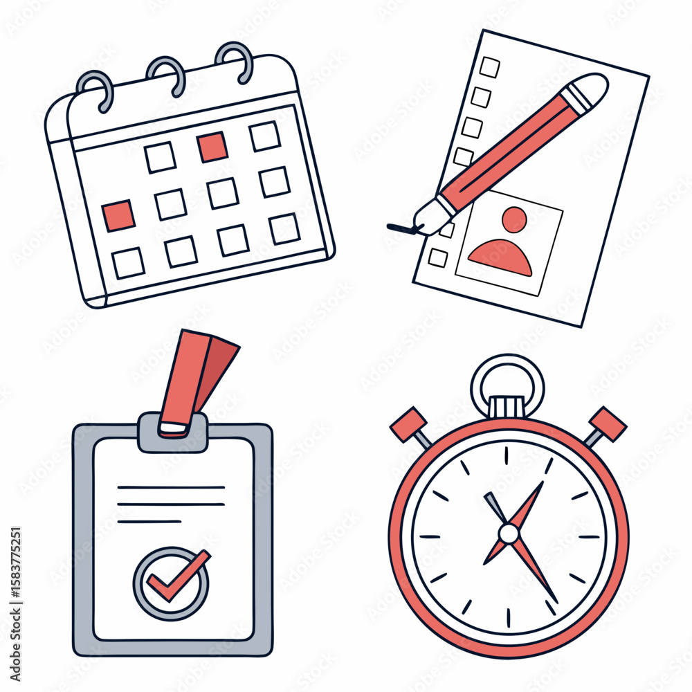 Poster flat vector icon set of productivity tools: calendar with event badge, progress checklist, focus tim