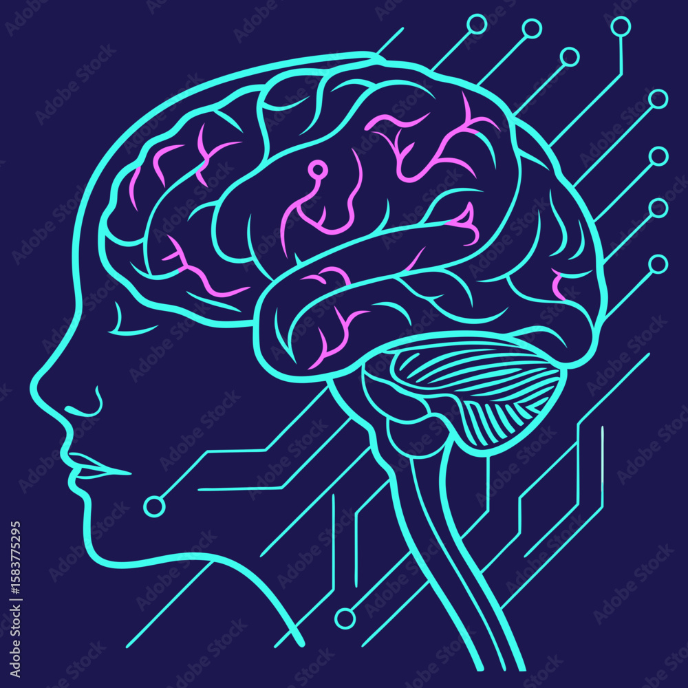 Poster futuristic vector illustration of a glowing human brain with interconnected neural nodes and circuit