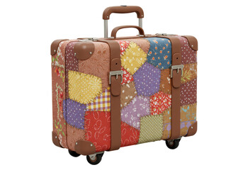 Isolated Patchwork Suitcase, Vintage Travel Bag
