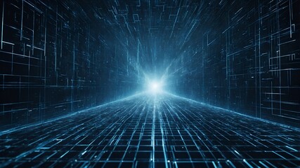 Futuristic abstract: glowing digital grid, 3D info patterns. Floating codes, deep blues. Sharp, Tron/Matrix inspired.